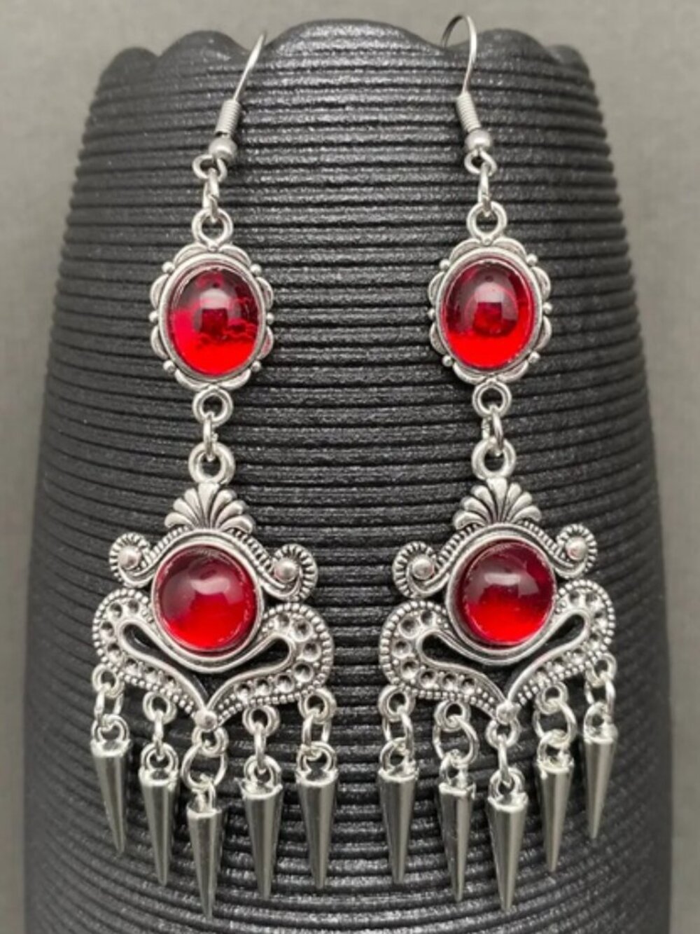DESIGNER Retro Goth Silver Spikes Blood Red Cabochon Stone Drop Earrings**NEW!